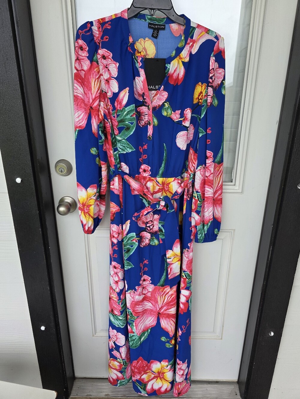 Halston Floral Maxi Dress Size 12 Blue Pink Long Sleeve Belted Vacation NWT - Picture 3 of 12
